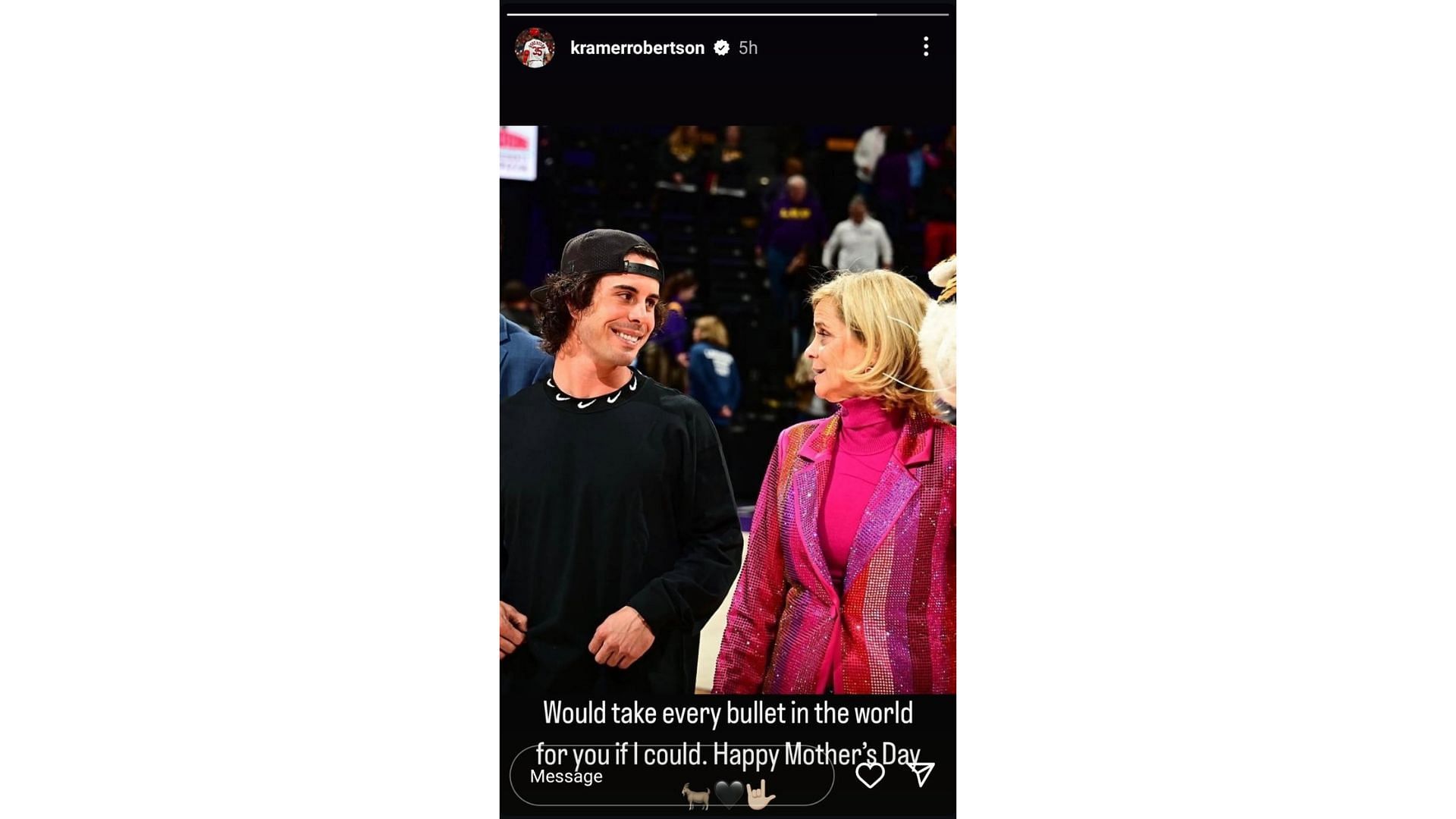 Kramer Robertson shared a Mother's Day message for his mom, LSU coach Kim Mulkey, on his Instagram story. Source: Instagram/@kramerrobertson